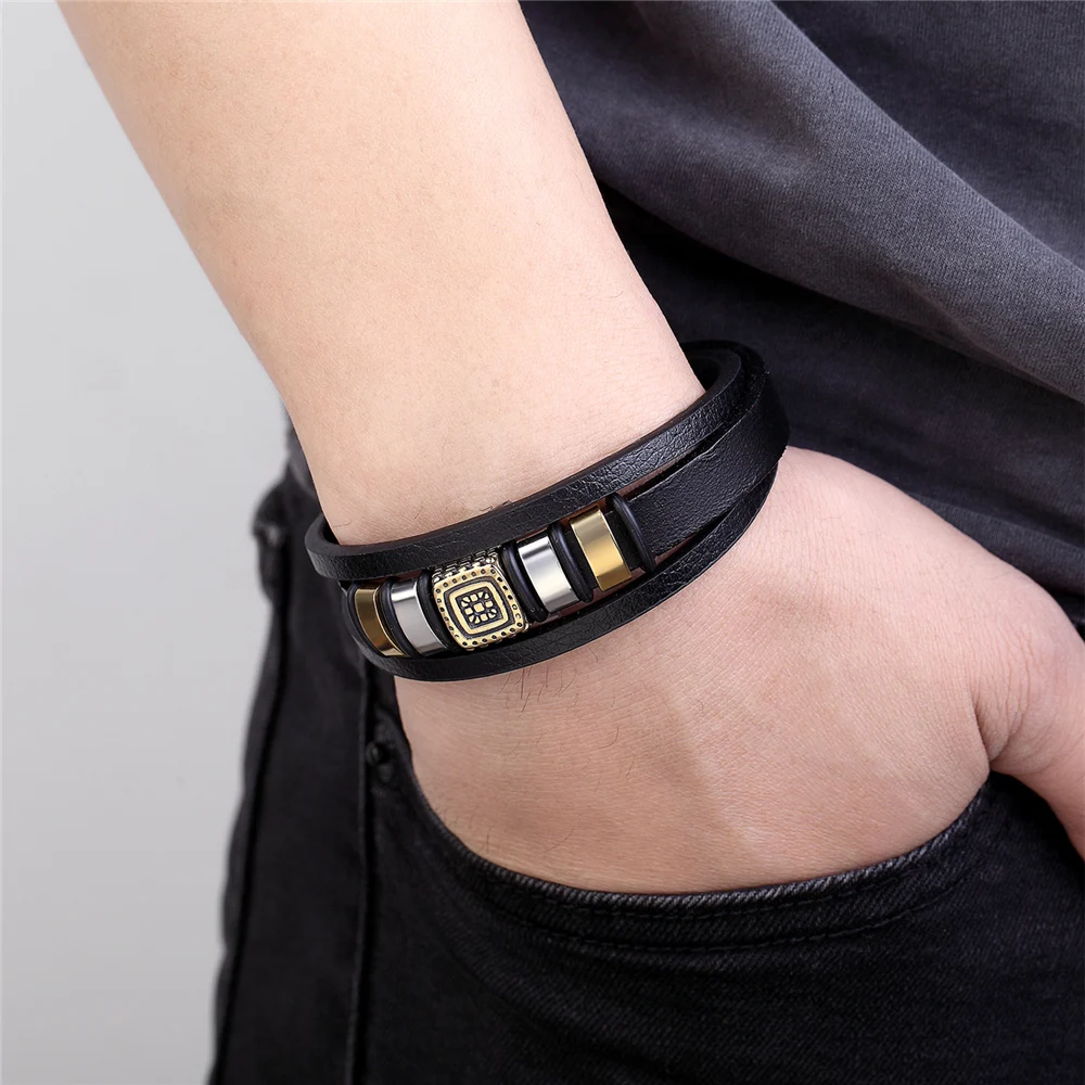 Stainless Steel Men’s Leather Bracelet with Magnetic Clasp