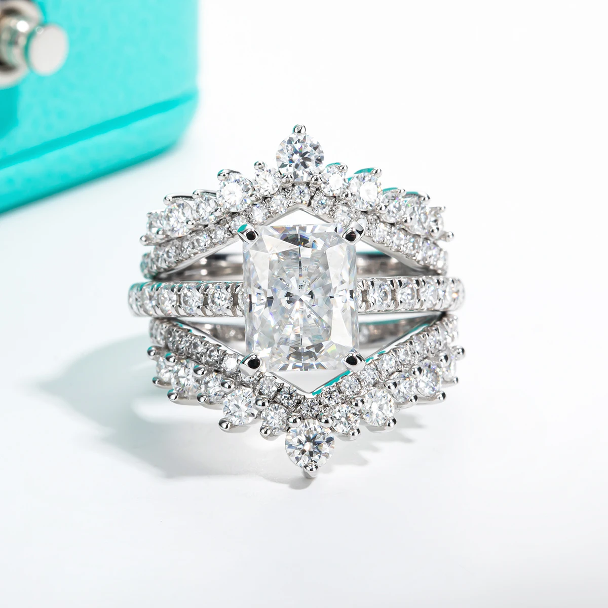 3ct D Color Radiant Cut Moissanite Ring 18K Gold Plated Silver