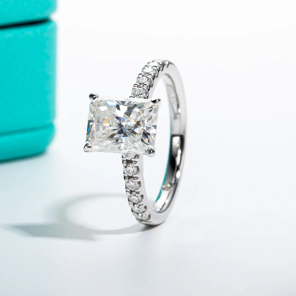 3ct D Color Radiant Cut Moissanite Ring 18K Gold Plated Silver