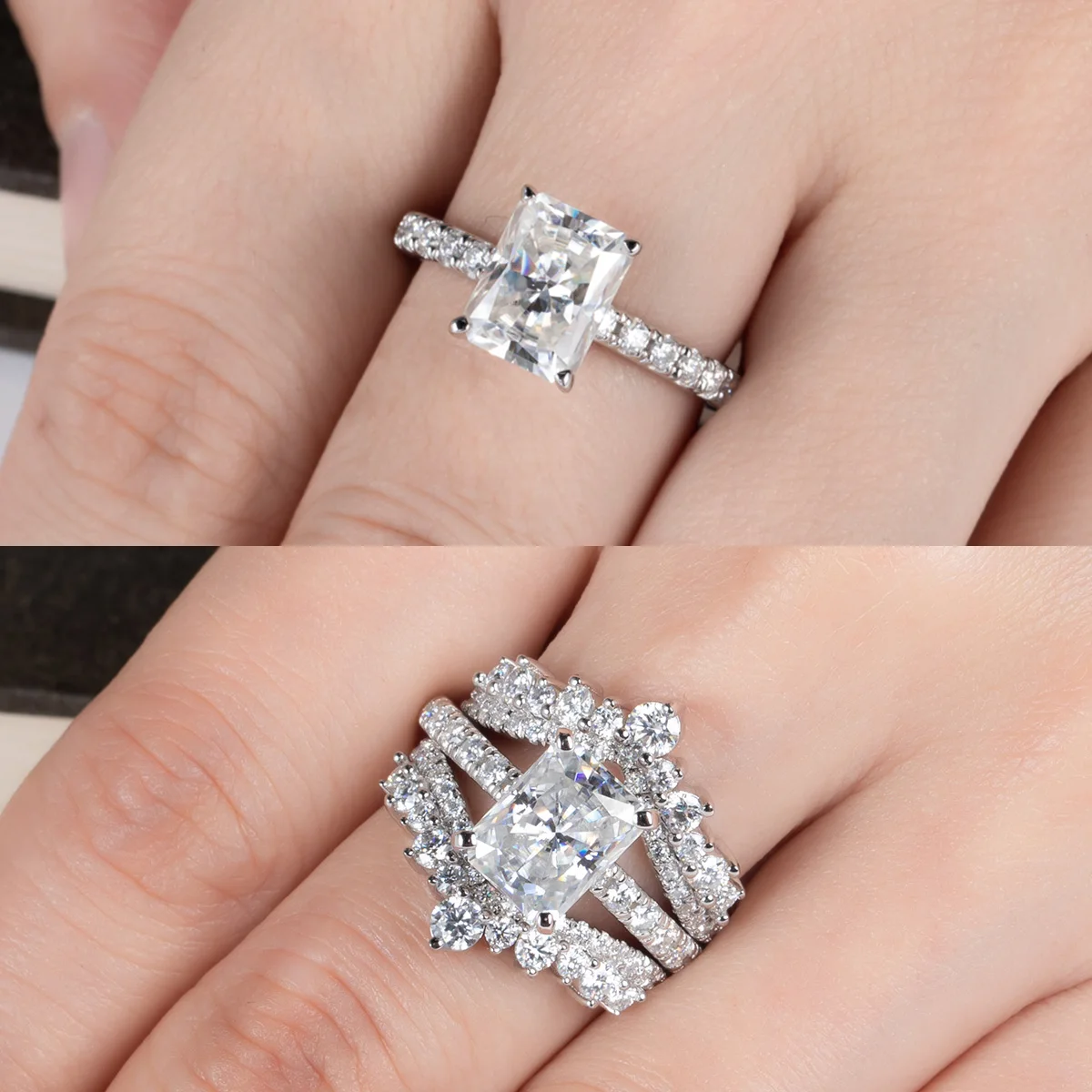 3ct D Color Radiant Cut Moissanite Ring 18K Gold Plated Silver