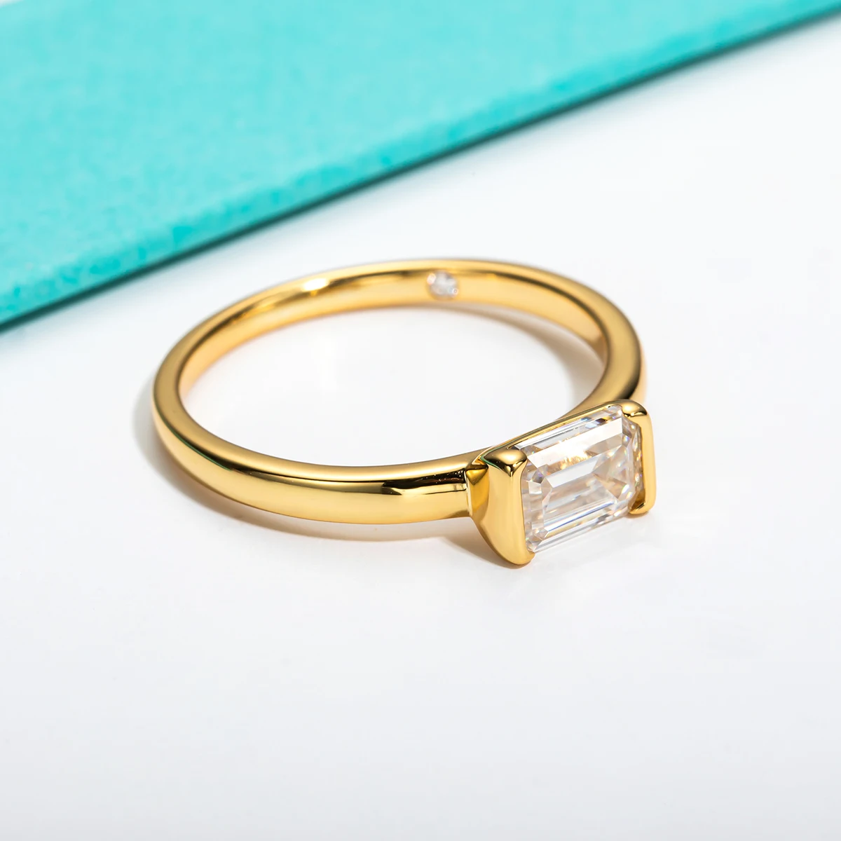 1 Carat Emerald Cut Moissanite Ring 18K Yellow Gold