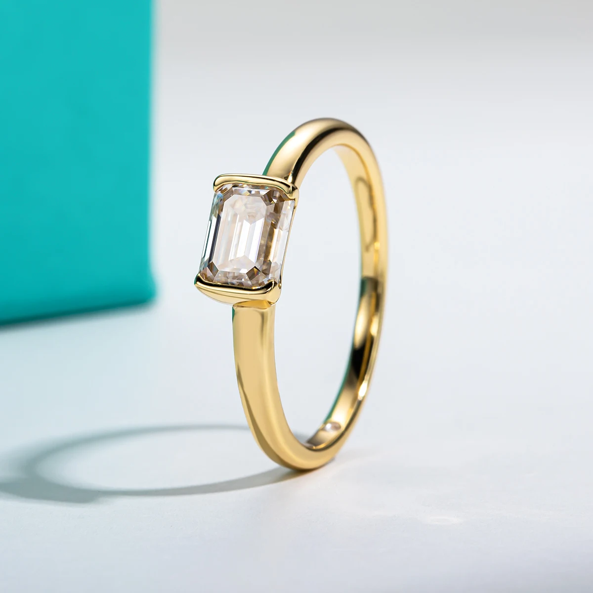 1 Carat Emerald Cut Moissanite Ring 18K Yellow Gold