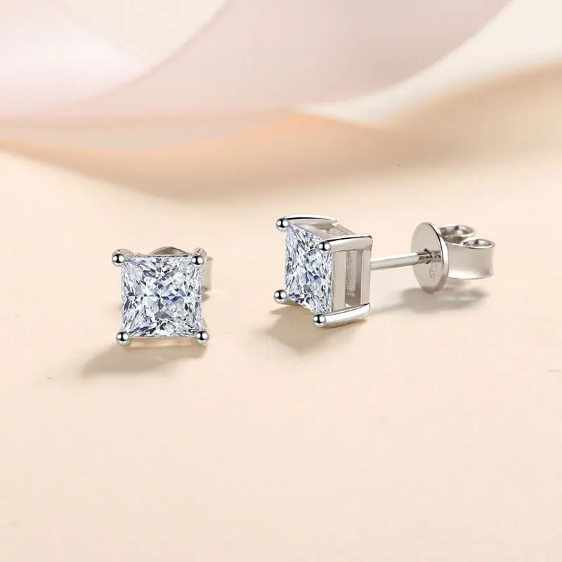 Elegant Princess Cut Moissanite Diamond Earrings in 18K White Gold