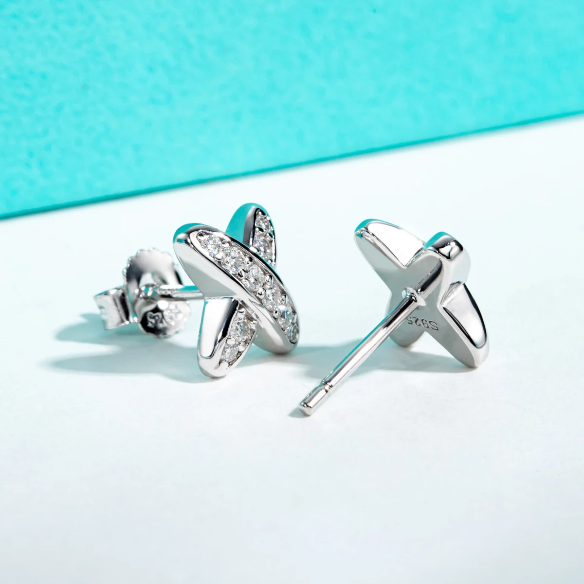Moissanite Diamond Cross Stud Earrings in 18K White Gold