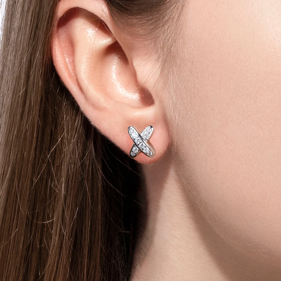 Moissanite Diamond Cross Stud Earrings in 18K White Gold