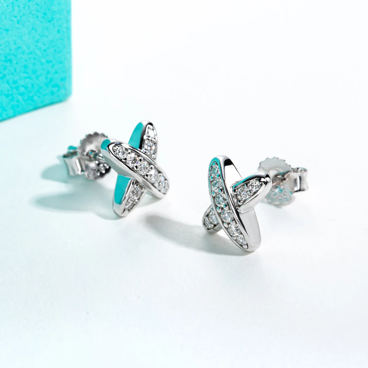 Moissanite Diamond Cross Stud Earrings in 18K White Gold
