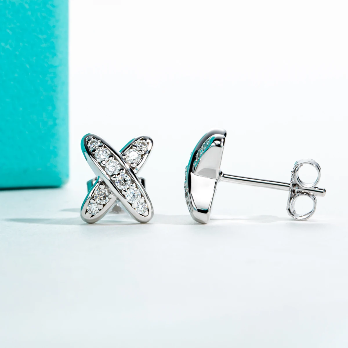 Moissanite Diamond Cross Stud Earrings in 18K White Gold
