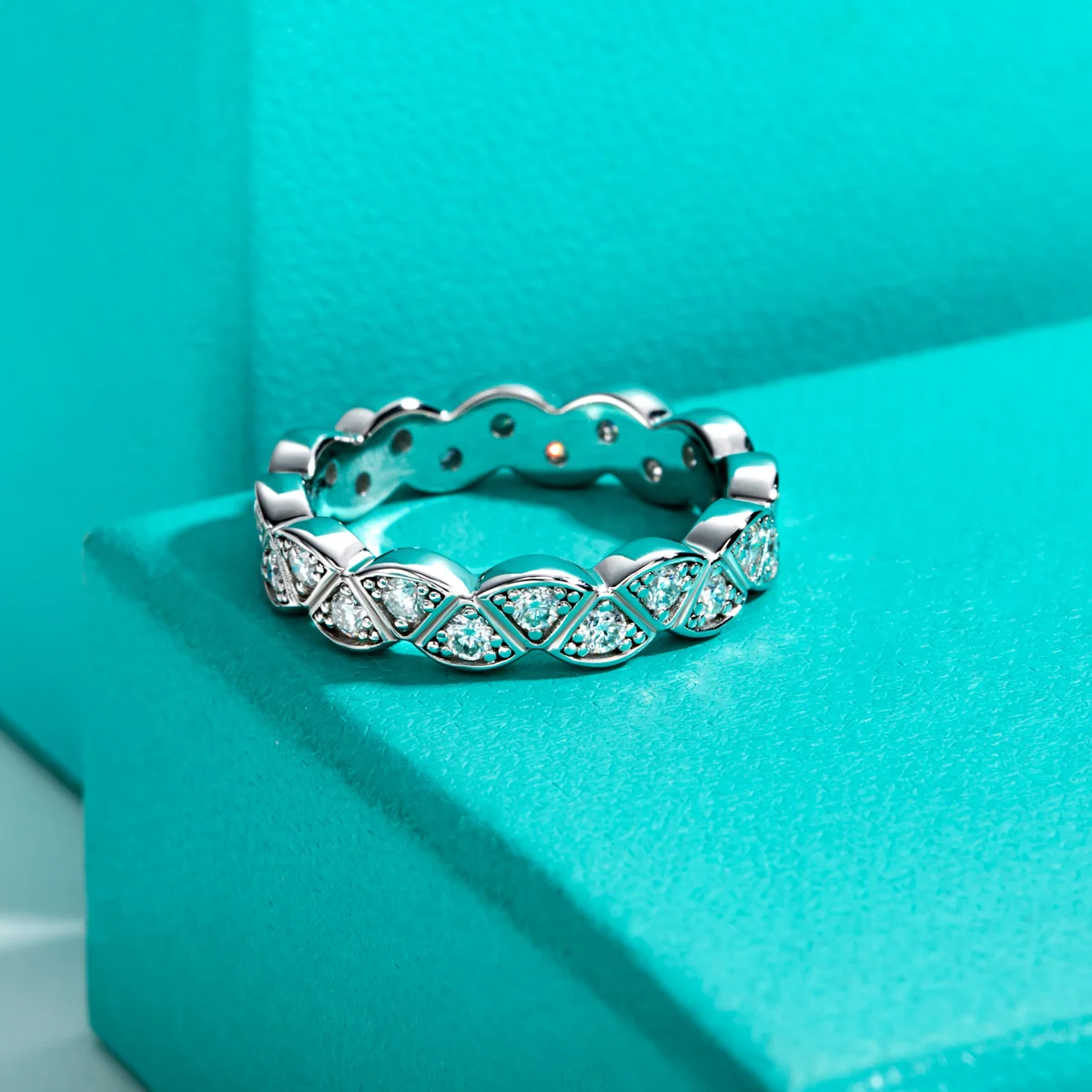 Moissanite Leaf Eternity Wedding Band 18K White Gold Plated