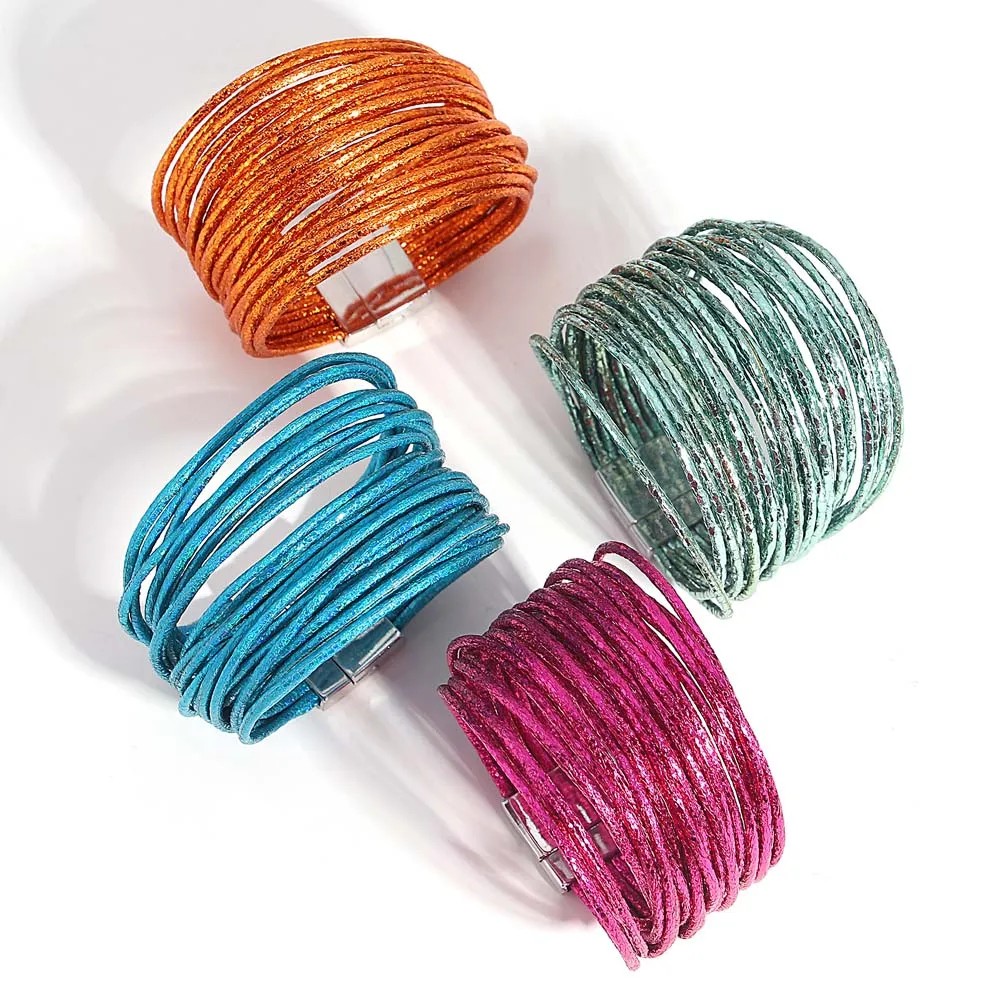 Boho Glitter Filled Slim Strips Leather Bracelet
