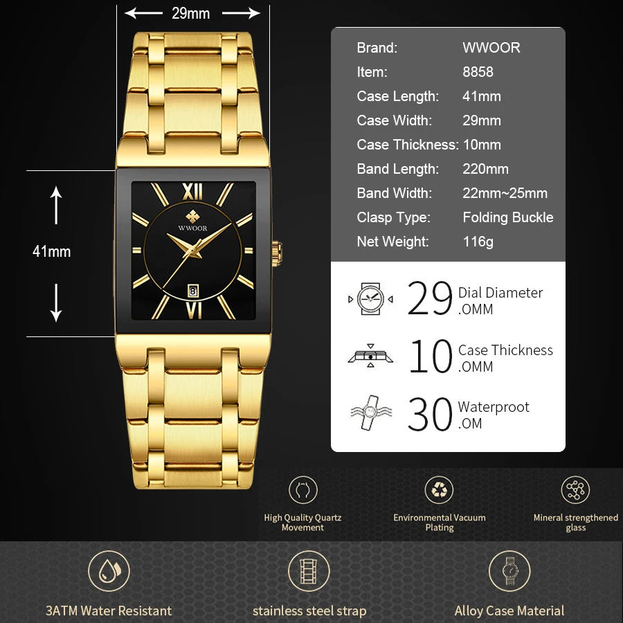 WWOOR 2024 Gold Square Men's Watch