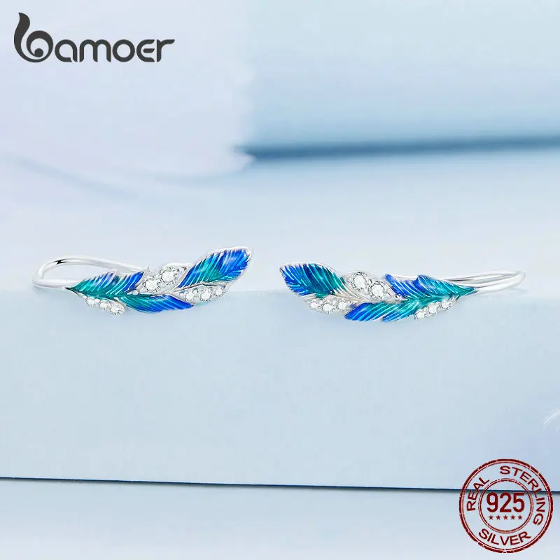 Dazzling Blue Feather Earrings S925 Silver Zircon
