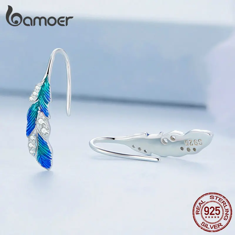 Dazzling Blue Feather Earrings S925 Silver Zircon