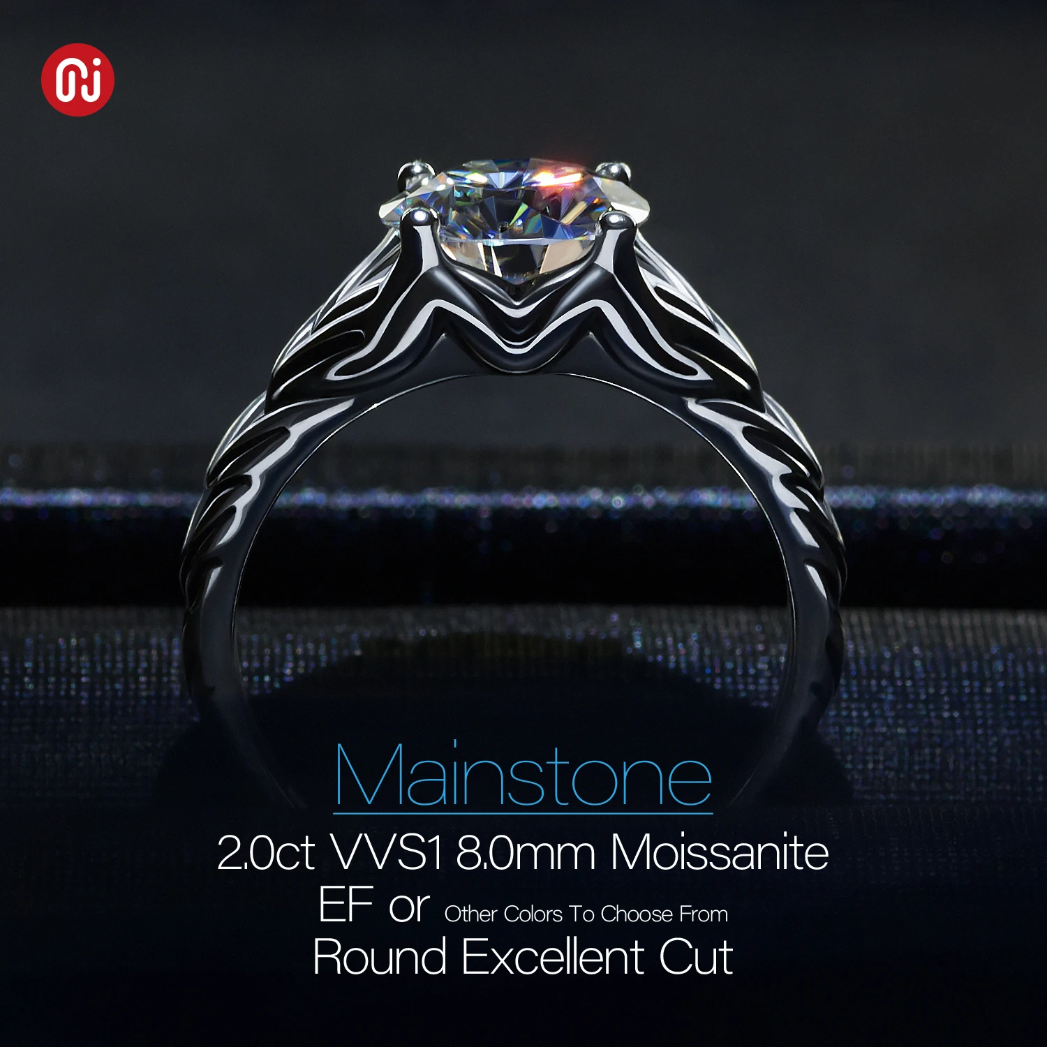 Moissanite Round Cut Black 925 Silver Ring