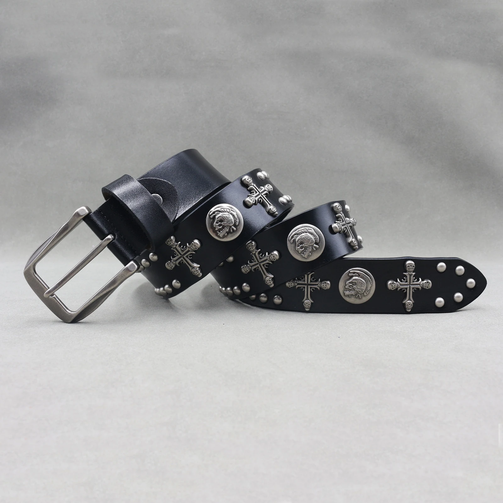 Genuine Leather Punk Rivet Skull Cross Belt