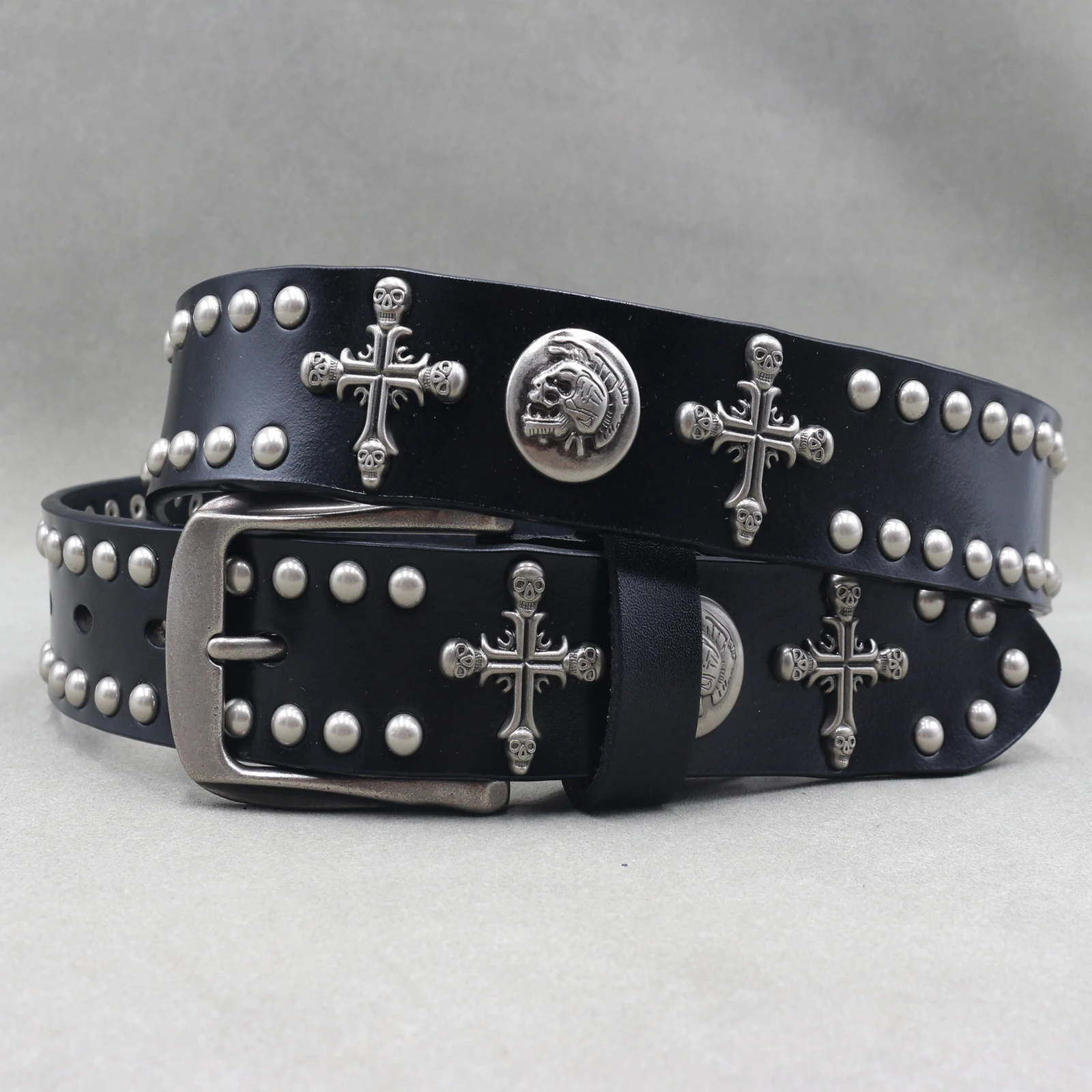 Genuine Leather Punk Rivet Skull Cross Belt