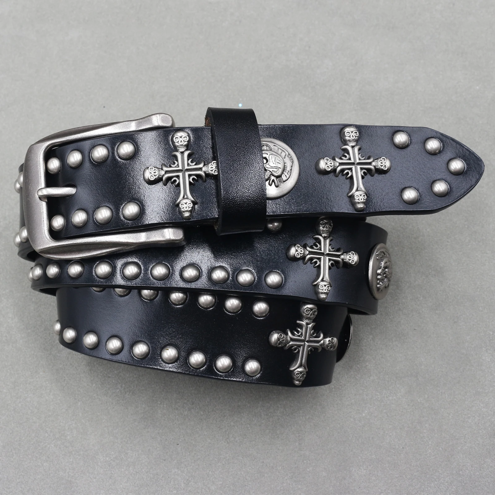 Genuine Leather Punk Rivet Skull Cross Belt