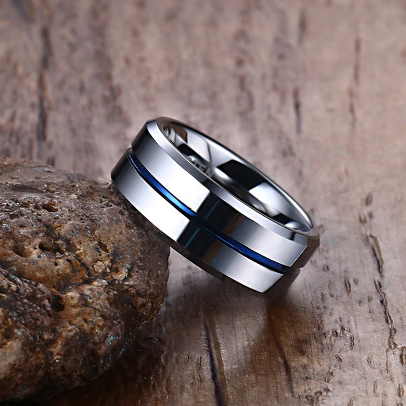 Tungsten Carbide Blue Line Mens Groove Ring