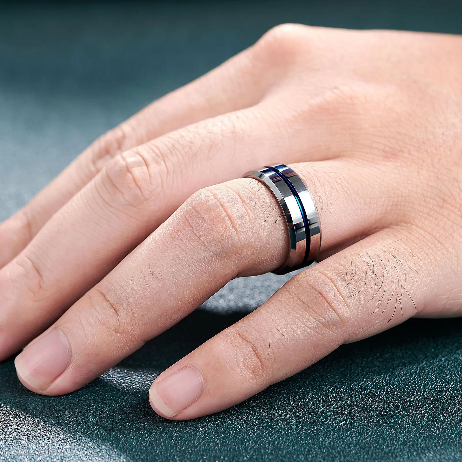 Tungsten Carbide Blue Line Mens Groove Ring