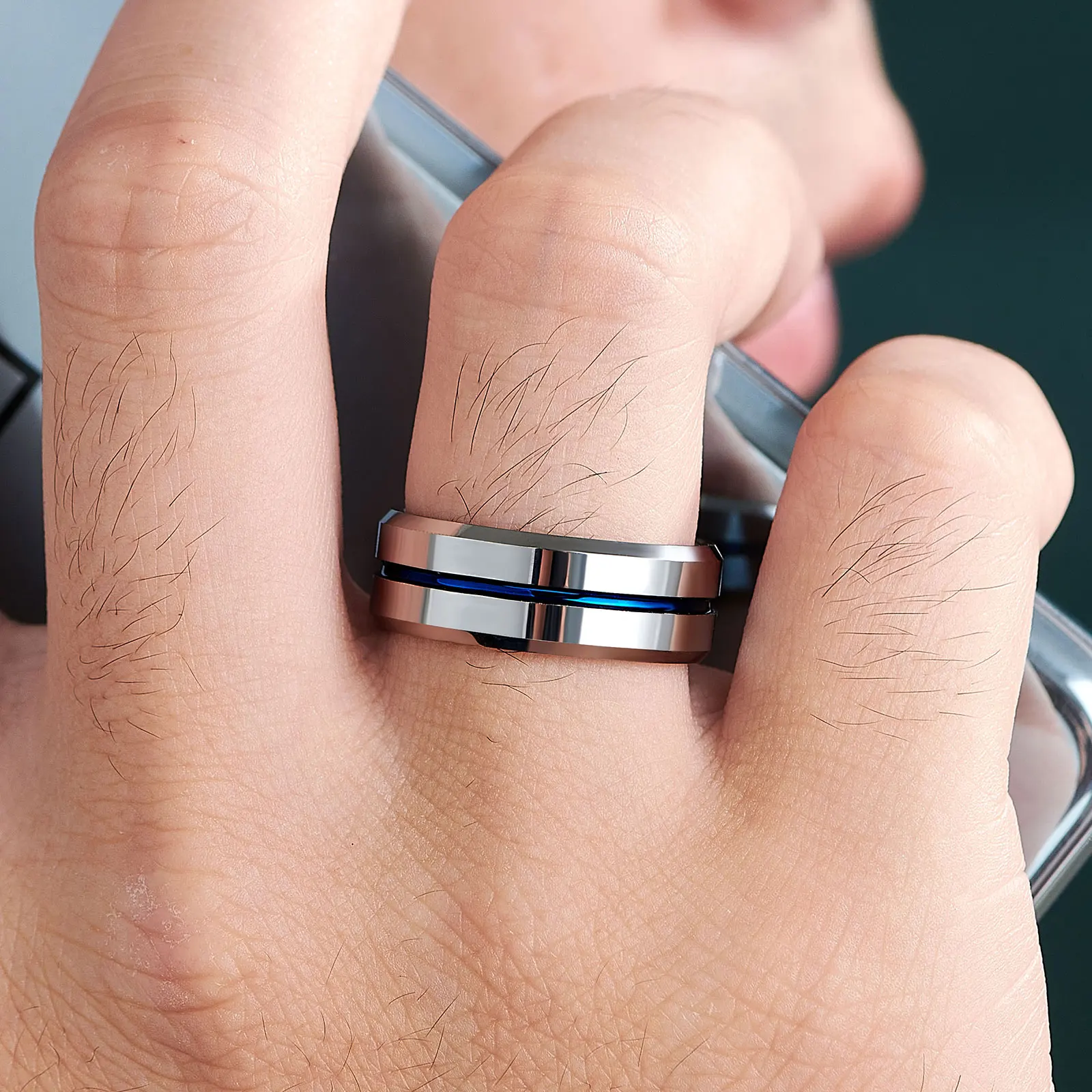 Tungsten Carbide Blue Line Mens Groove Ring