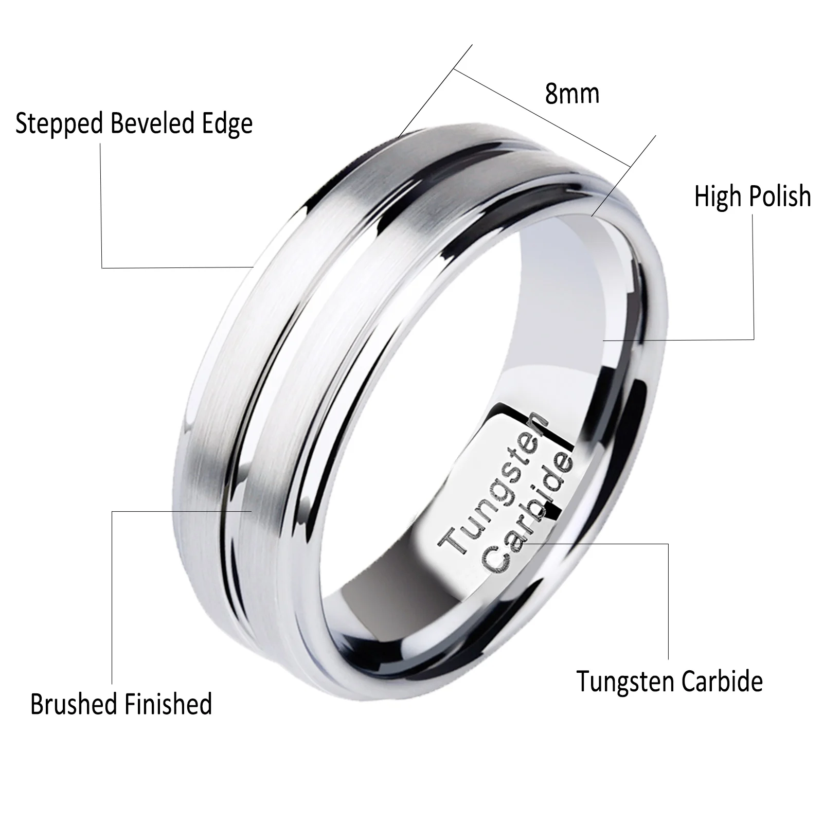 Men's Tungsten Carbide Groove Ring 8mm Polished Band