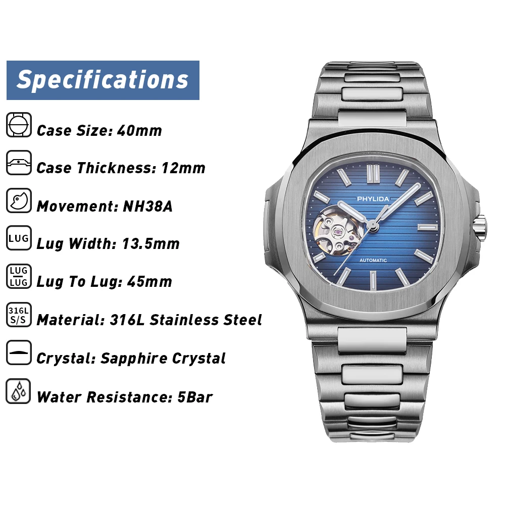 PHYLIDA Nautilus Skeleton Design Automatic Watch