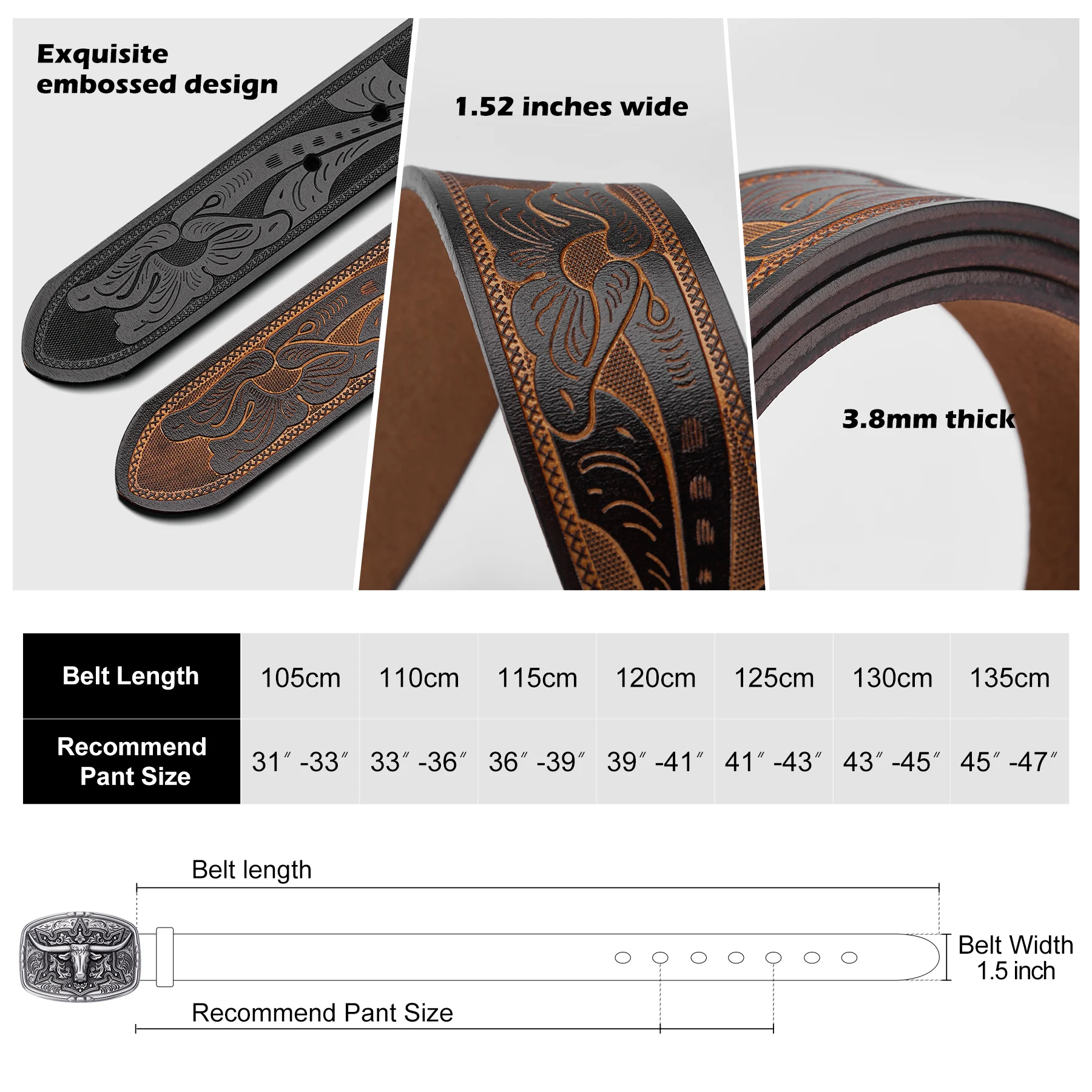 Western Leather Belt with Longhorn Buckle