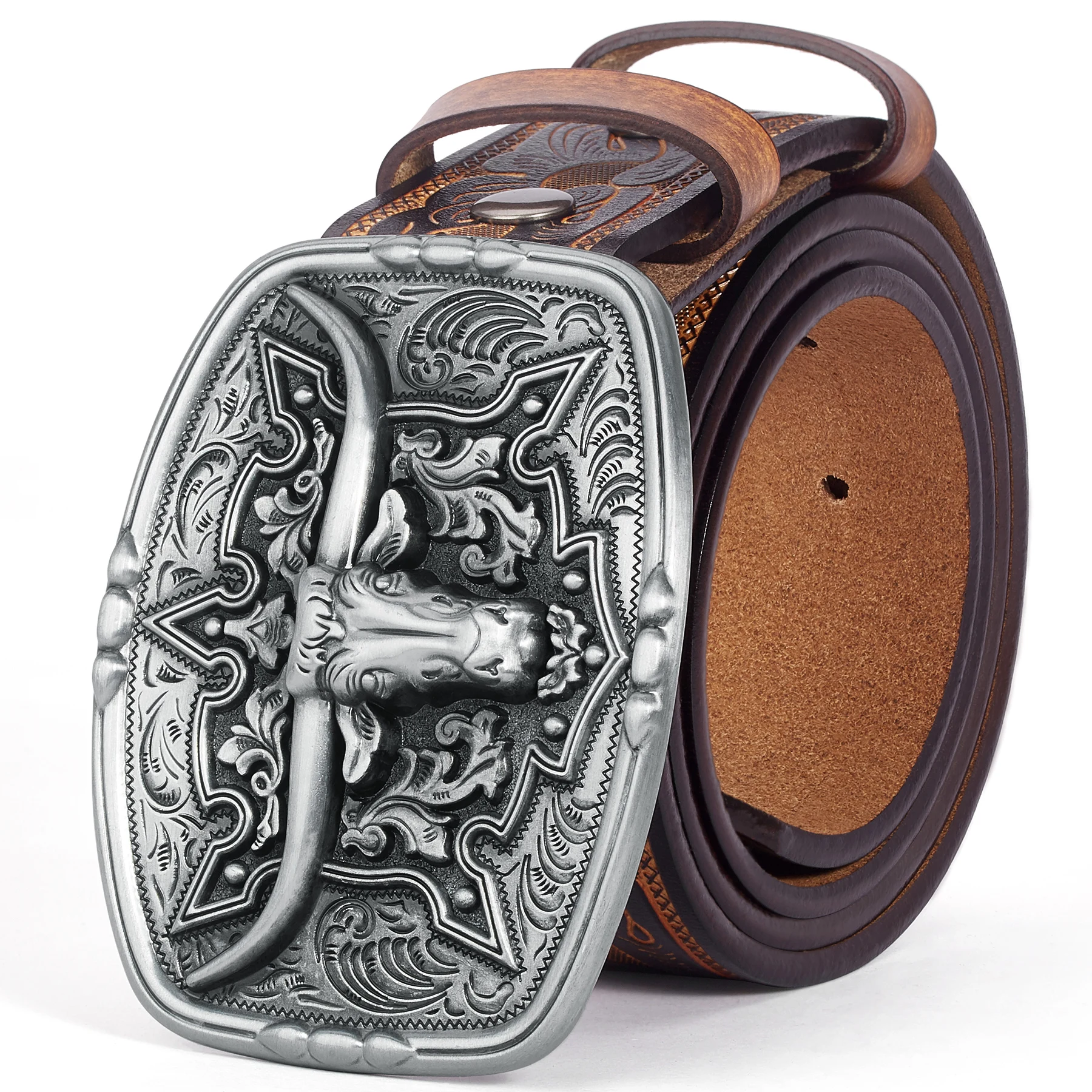 Western Leather Belt with Longhorn Buckle
