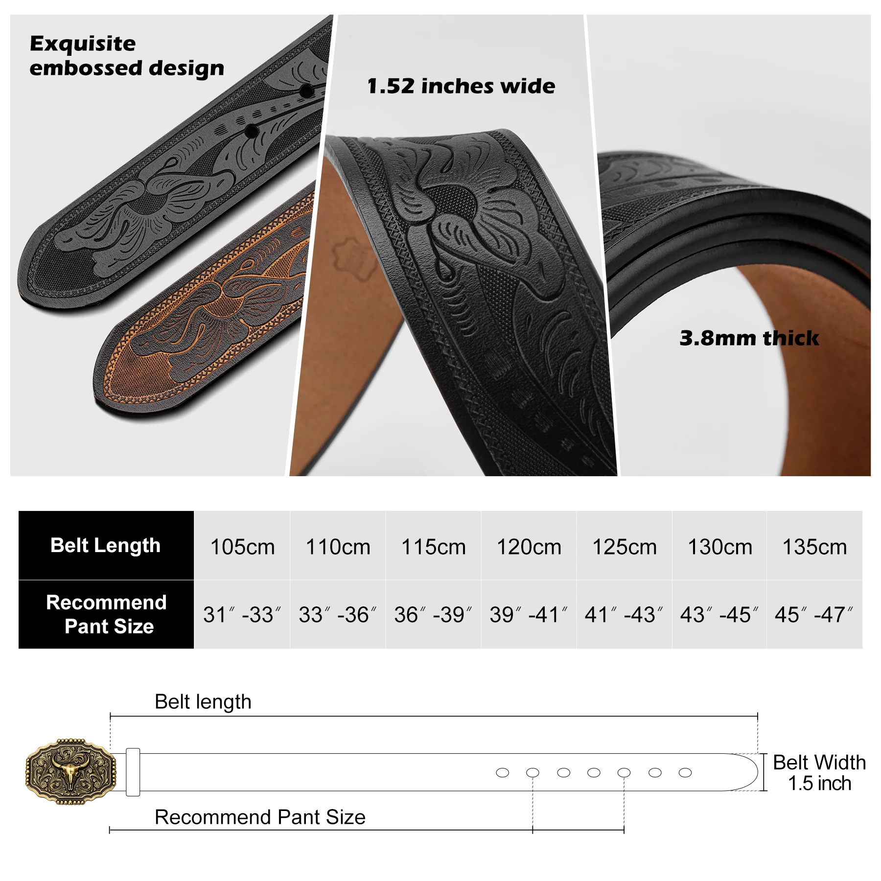 Leather Belt with Brass Bull Skull Buckle
