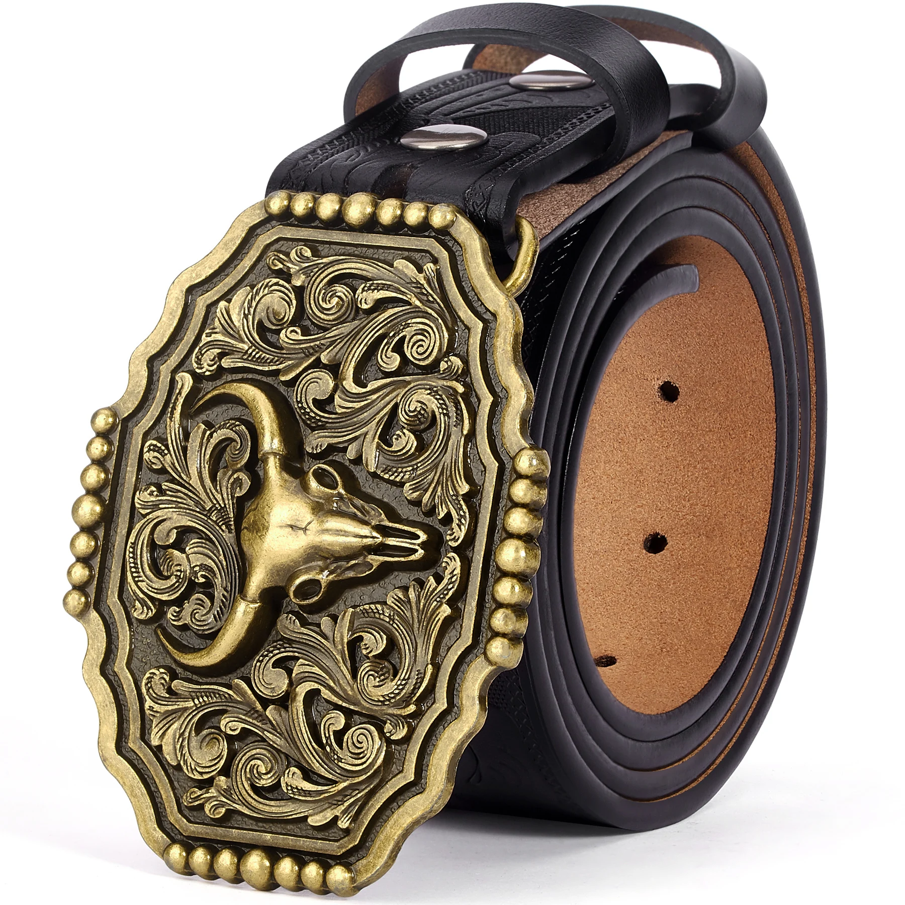Leather Belt with Brass Bull Skull Buckle