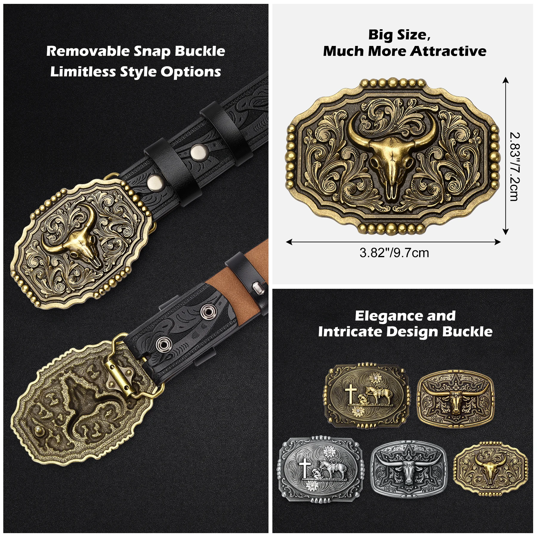 Leather Belt with Brass Bull Skull Buckle