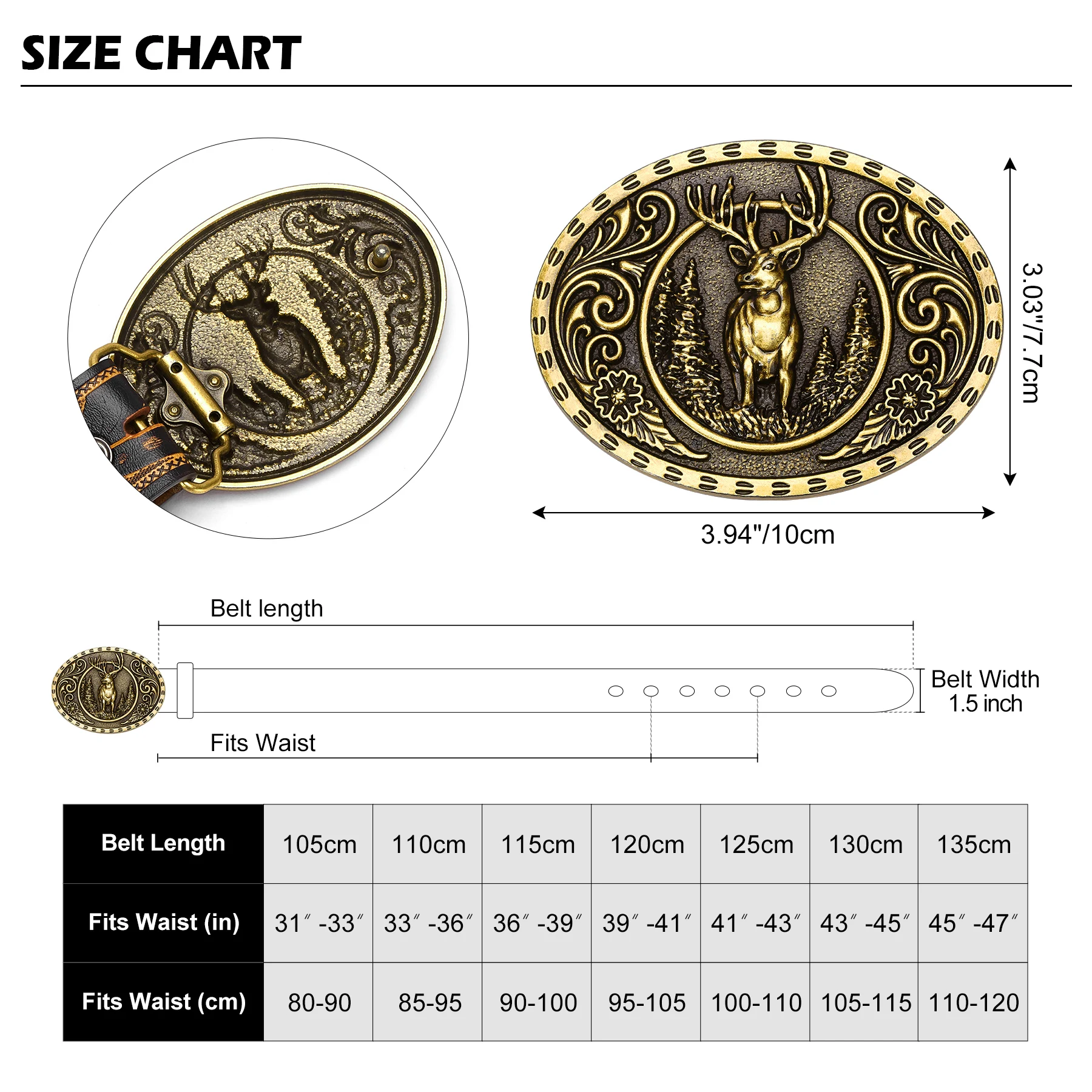 Western Leather Belt with Deer Buckle