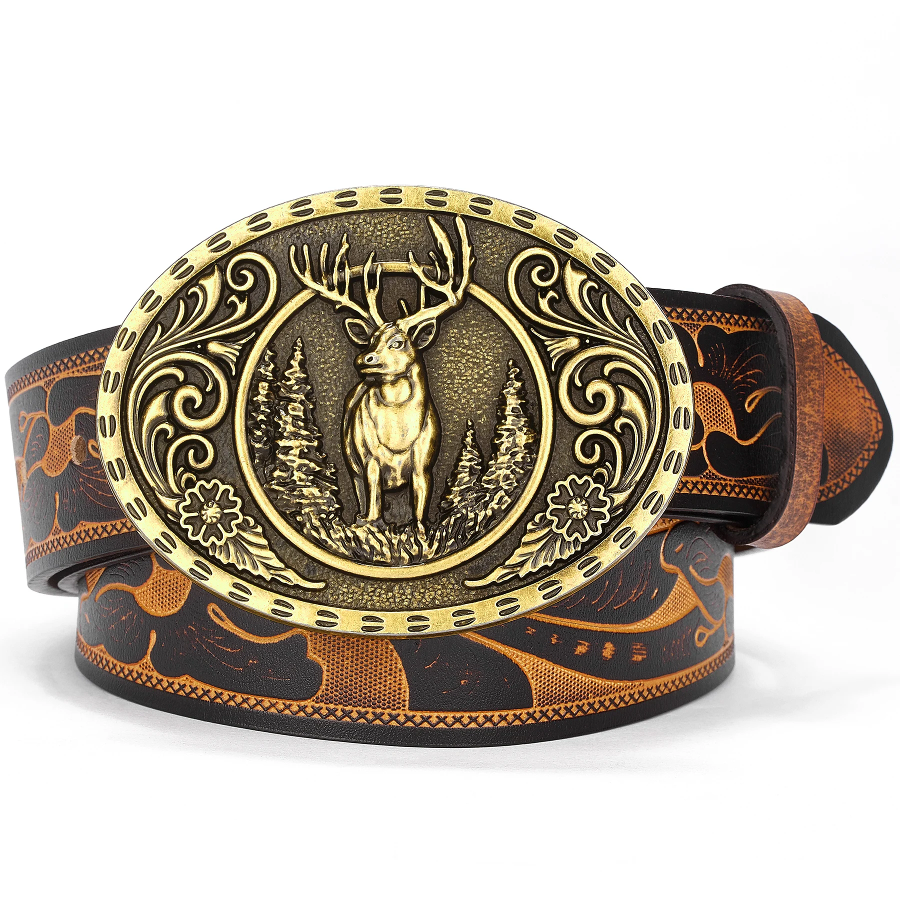 Western Leather Belt with Deer Buckle