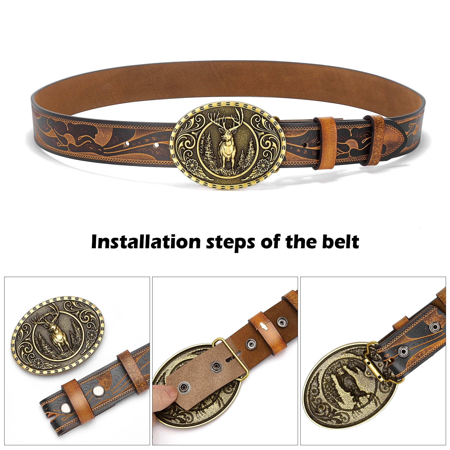 Western Leather Belt with Deer Buckle