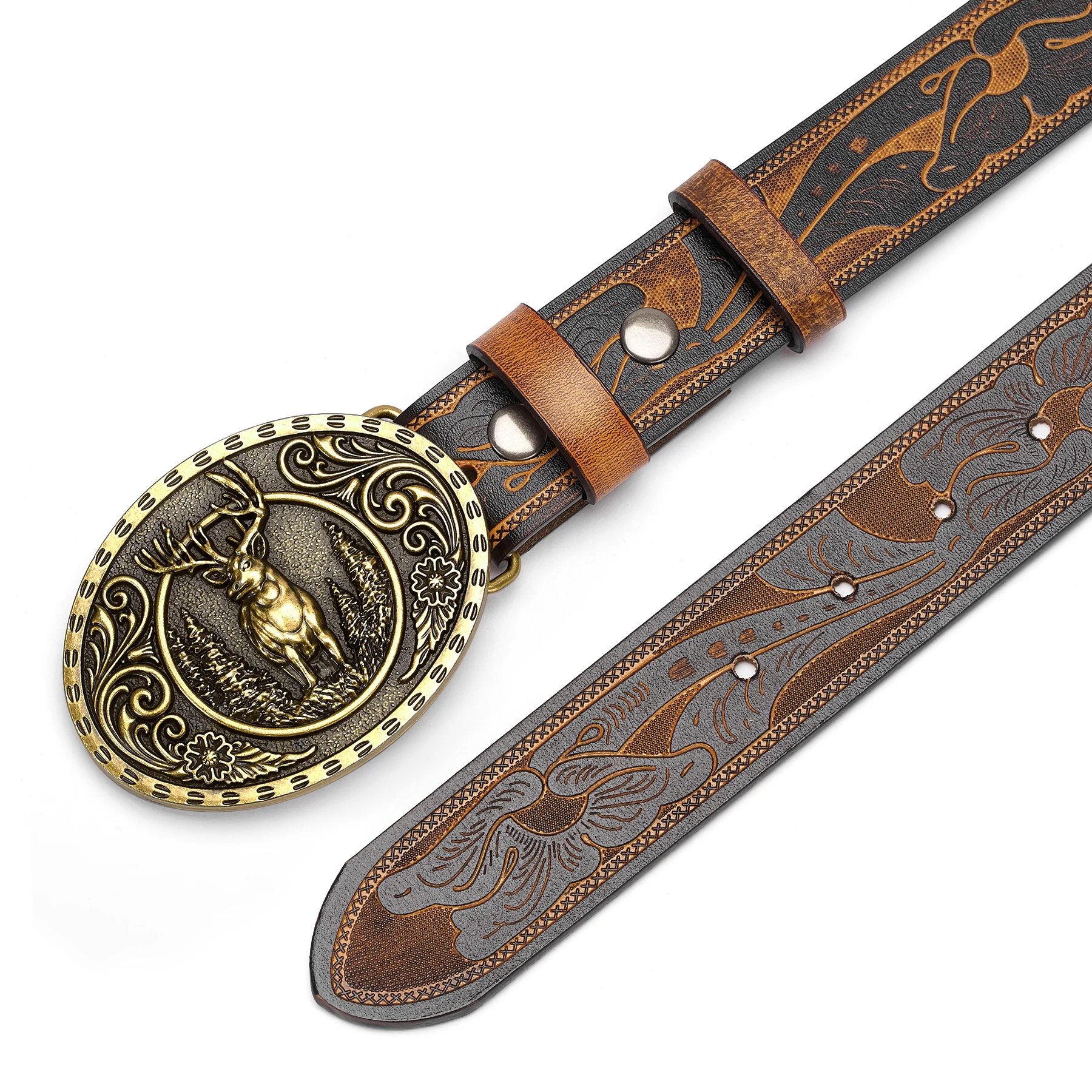 Western Leather Belt with Deer Buckle