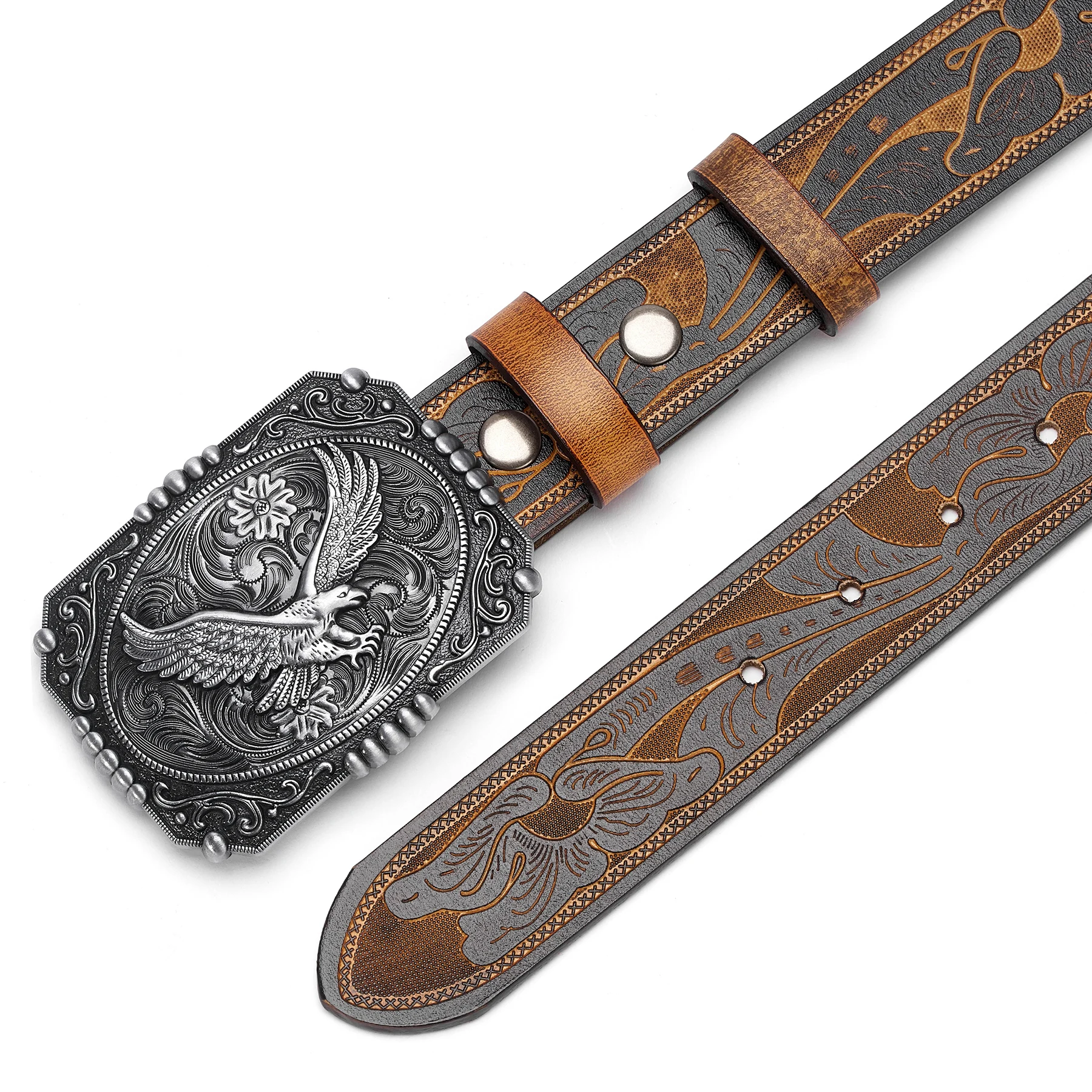Western Leather Belt with Eagle Buckle