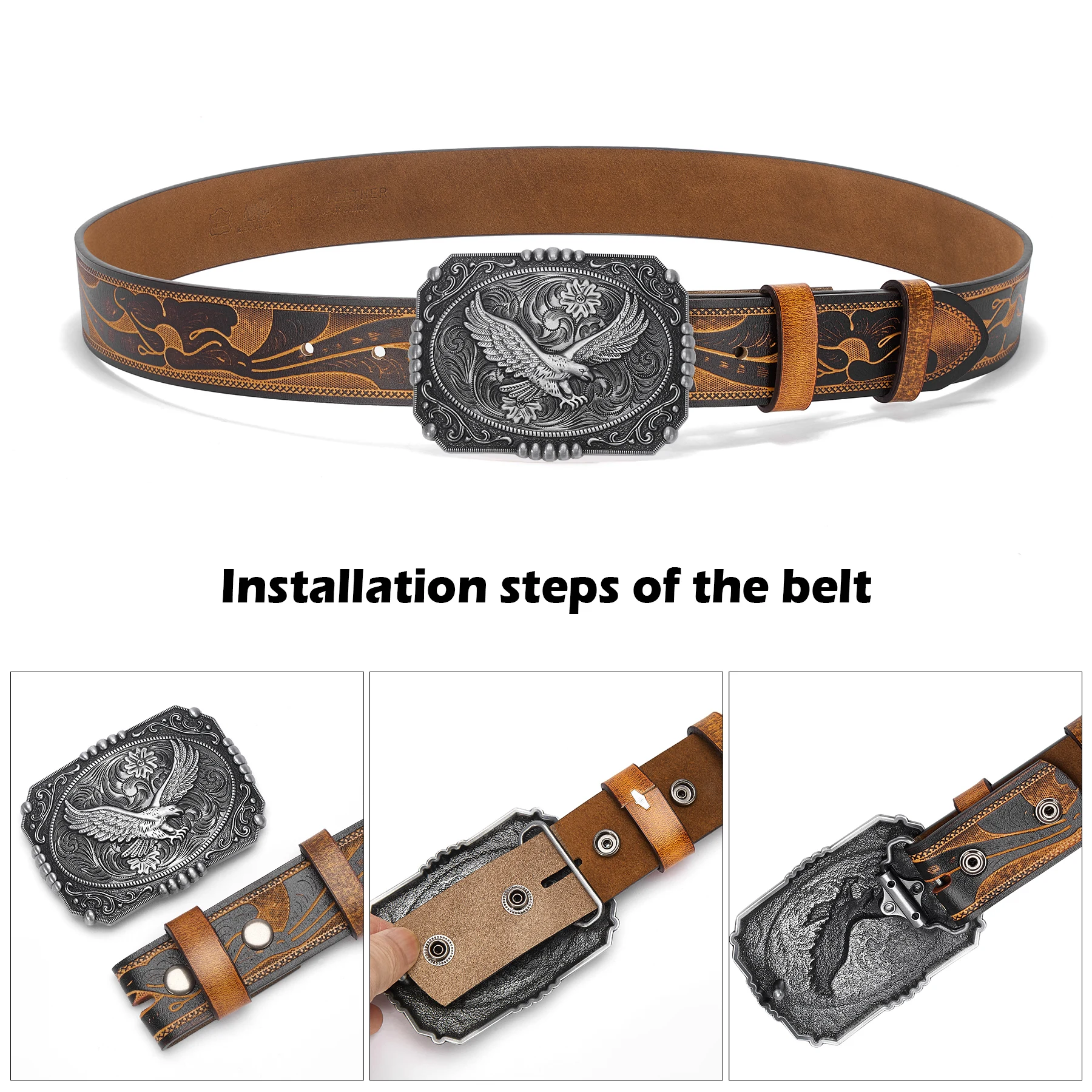 Western Leather Belt with Eagle Buckle