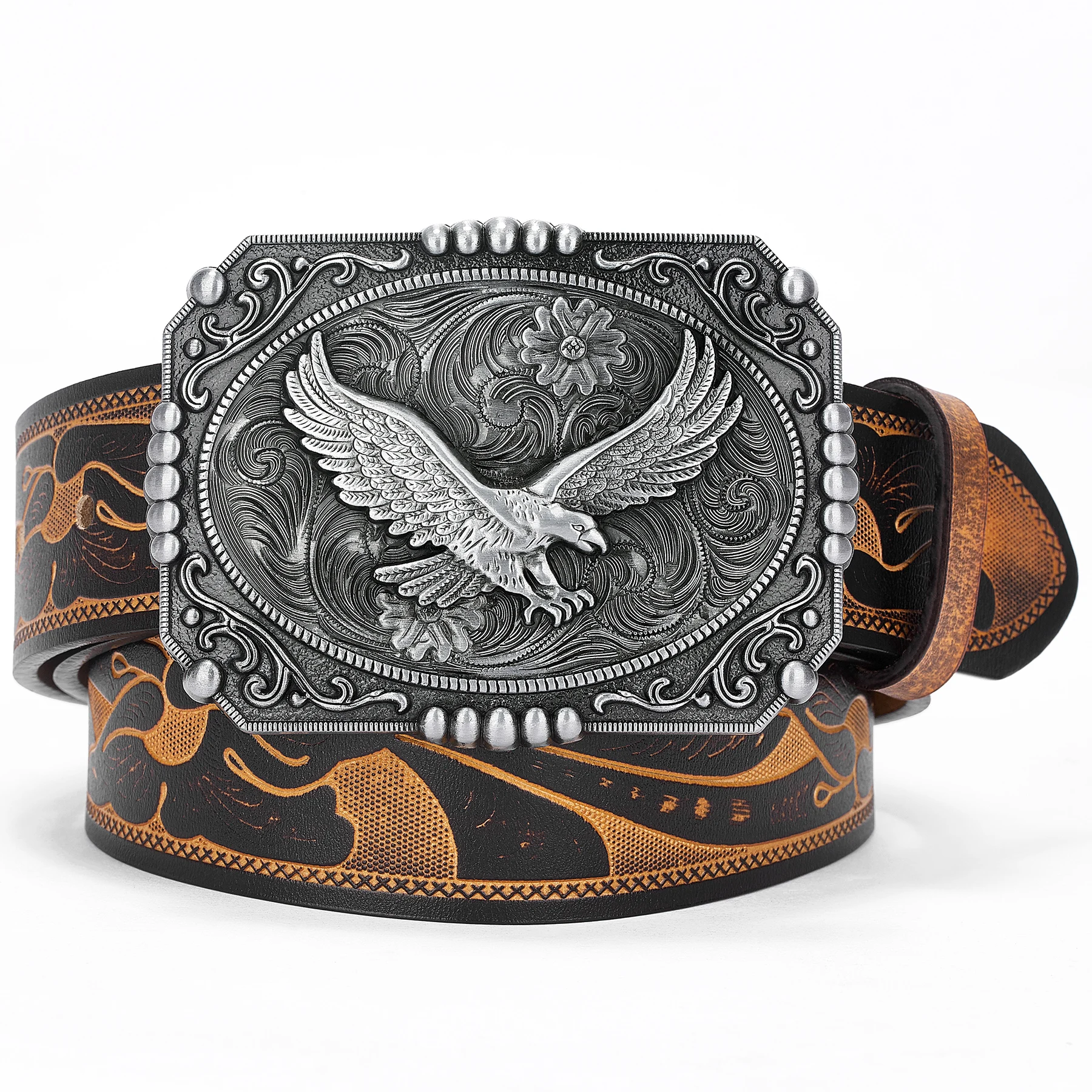 Western Leather Belt with Eagle Buckle