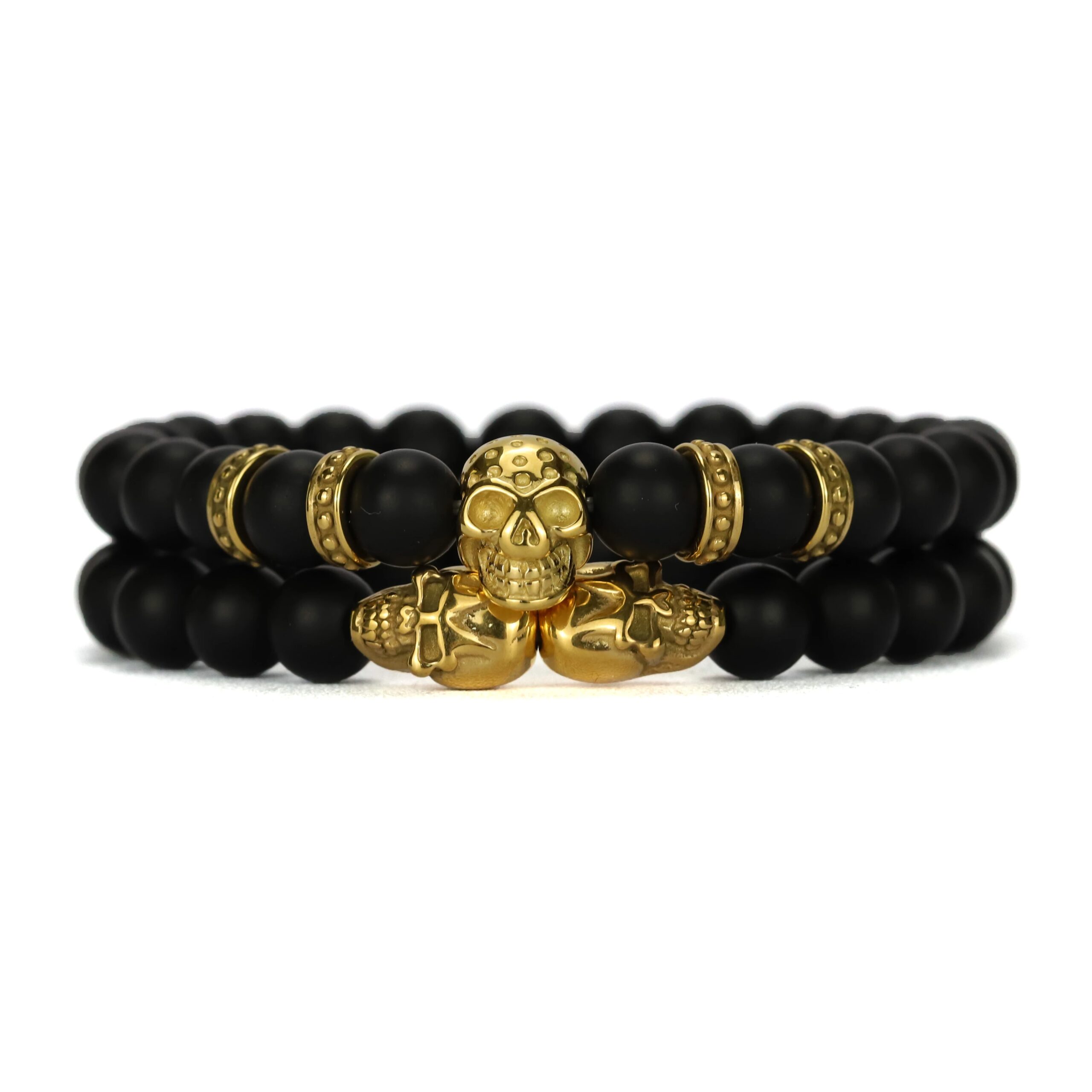 Stylish Matte Onyx Beaded Skull Bracelet