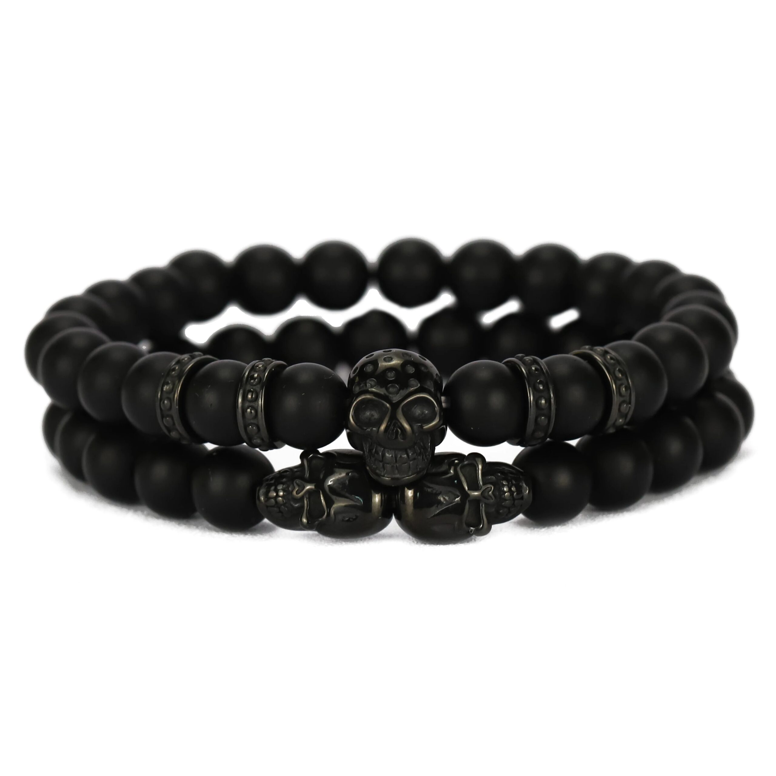 Stylish Matte Onyx Beaded Skull Bracelet