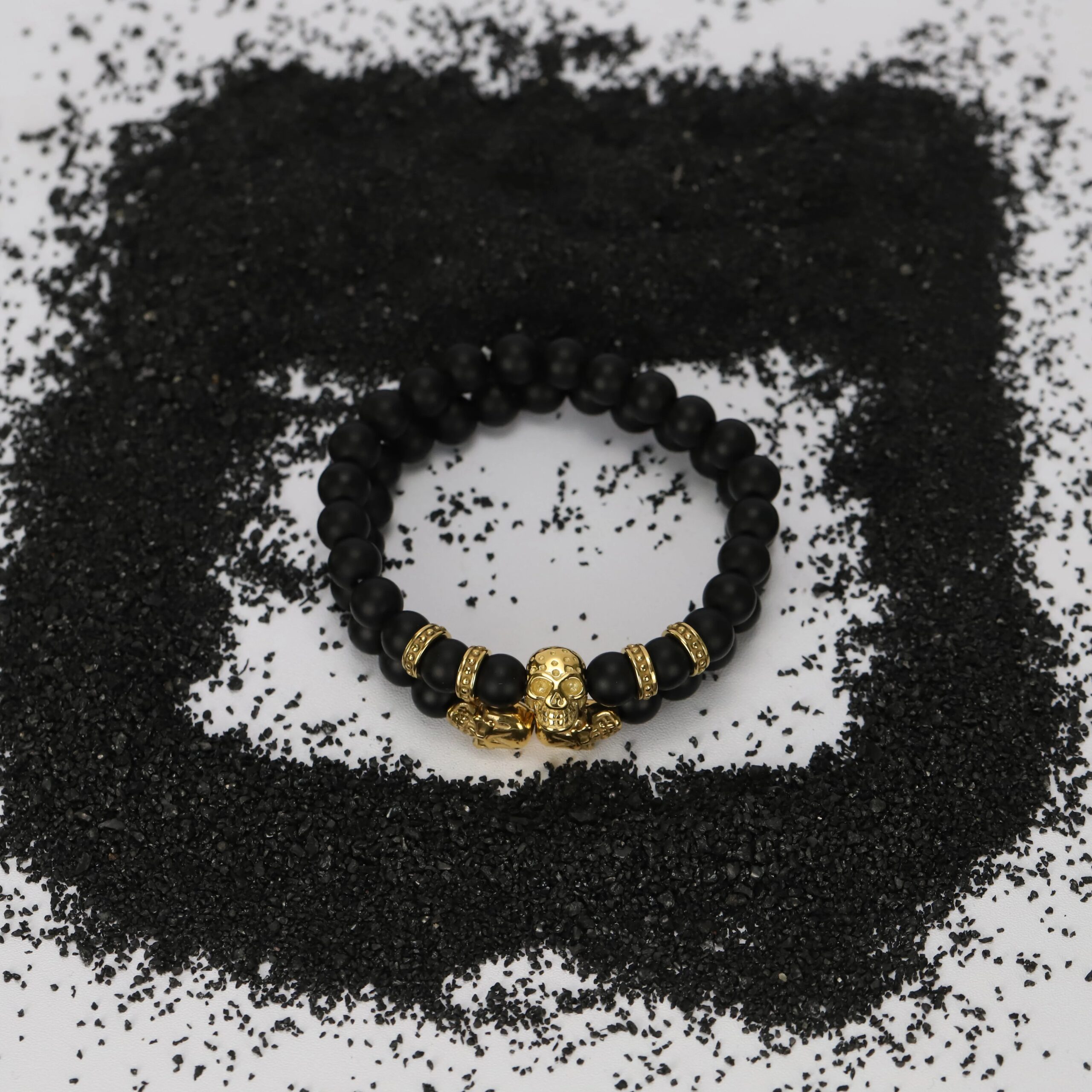 Stylish Matte Onyx Beaded Skull Bracelet