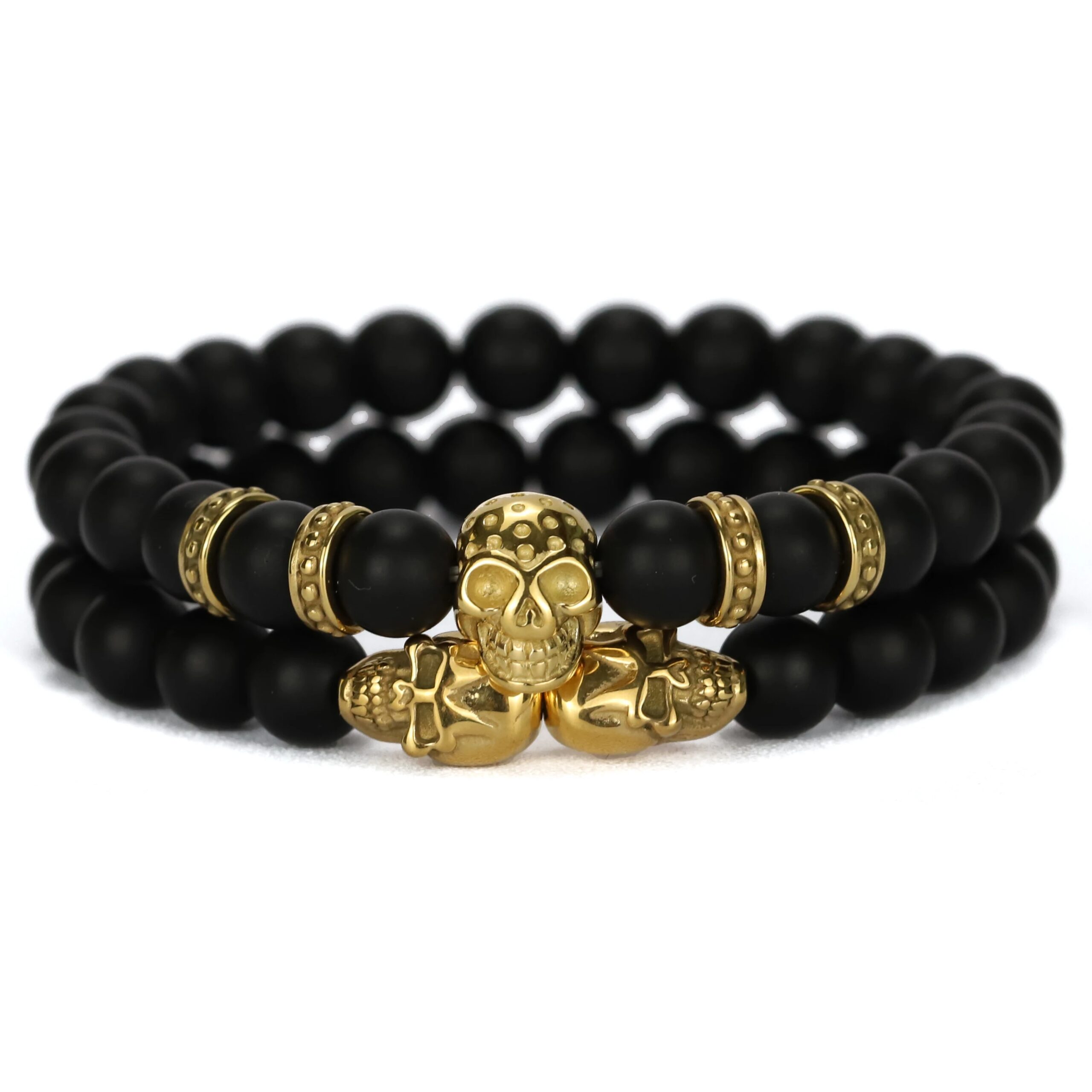 Stylish Matte Onyx Beaded Skull Bracelet