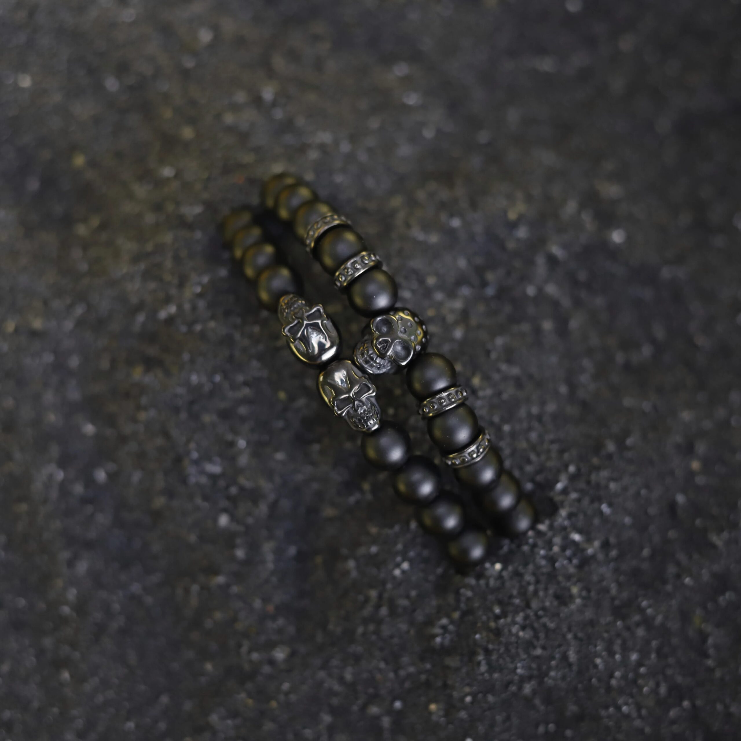 Stylish Matte Onyx Beaded Skull Bracelet