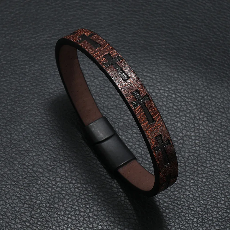 Men's Cross Embossed Leather Bracelet
