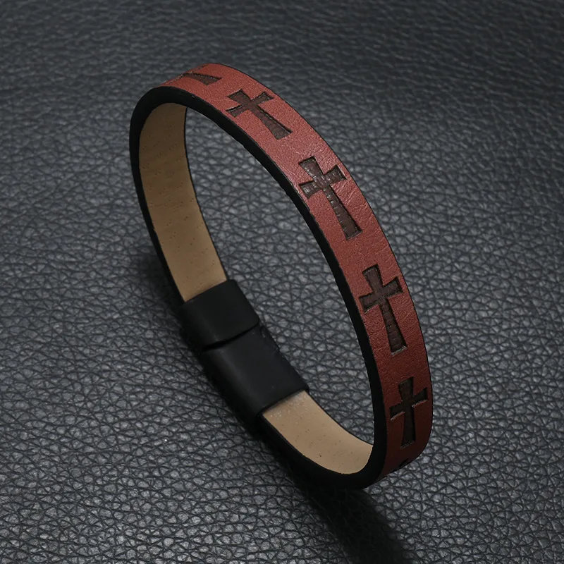 Men's Cross Embossed Leather Bracelet