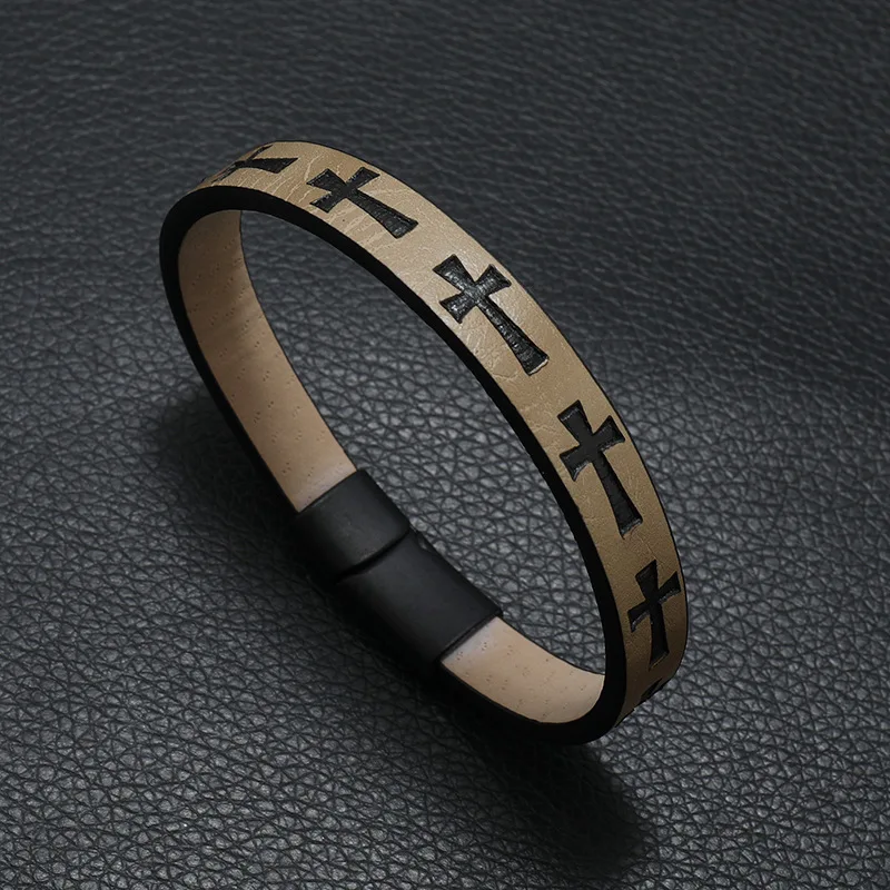 Men's Cross Embossed Leather Bracelet