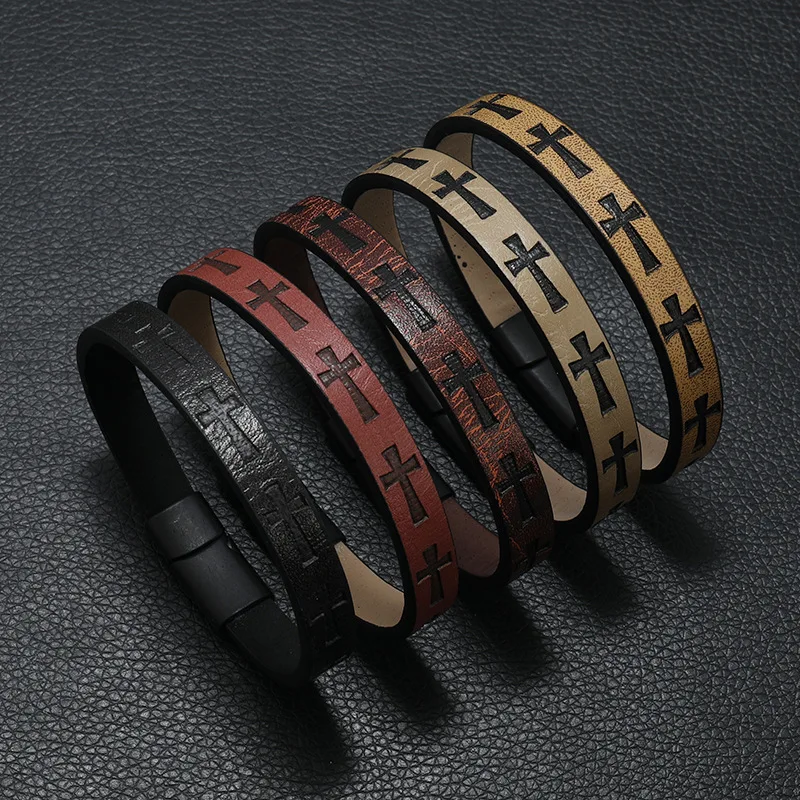 Men's Cross Embossed Leather Bracelet