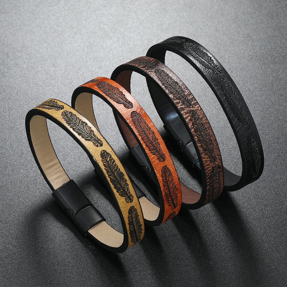 Men's Feather-Patterned Leather Bracelet