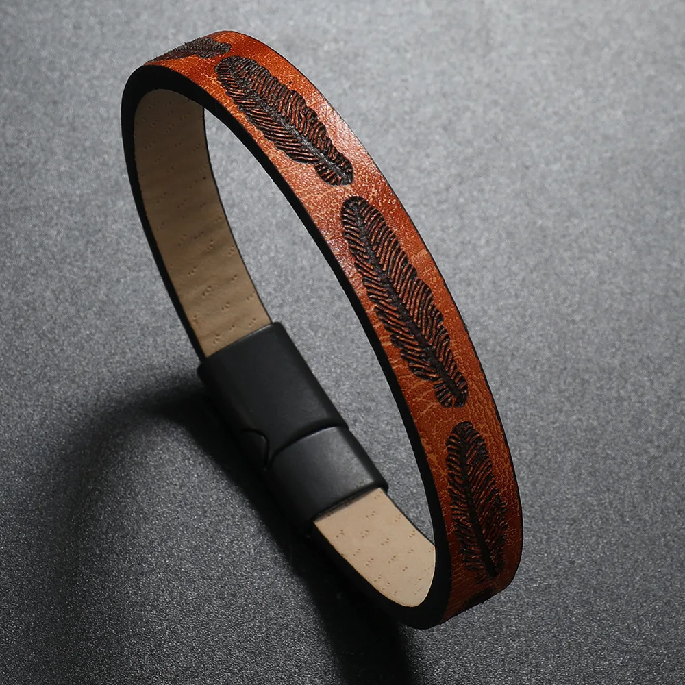 Men's Feather-Patterned Leather Bracelet
