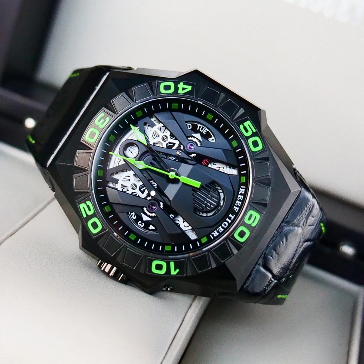 Reef Tiger Black Shark Skeleton Automatic Watch