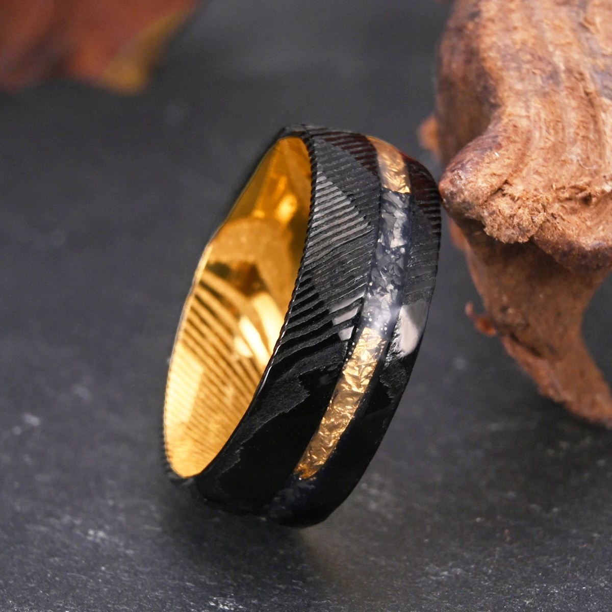 Black Hammered Damascus Steel Men’s Ring